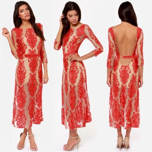 For Love and Lemons San Marcos Embroidered Lace Print Open Back Maxi Dress Red - Picture 7 of 10